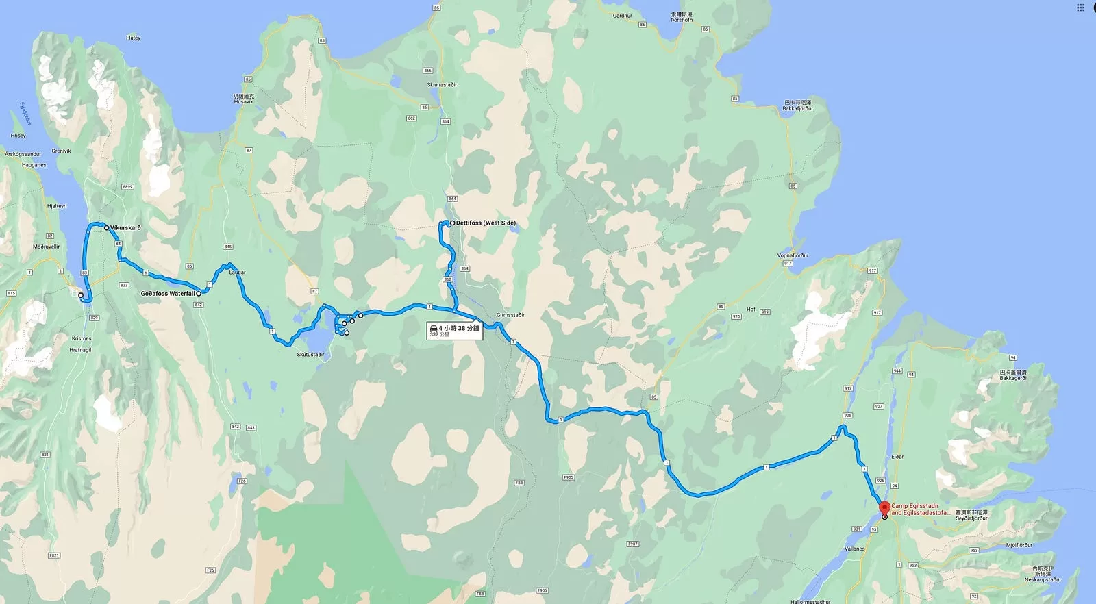 Day 6 路線地圖｜Akureyri → Goðafoss → Mývatn → Dettifoss → Egilsstaðir