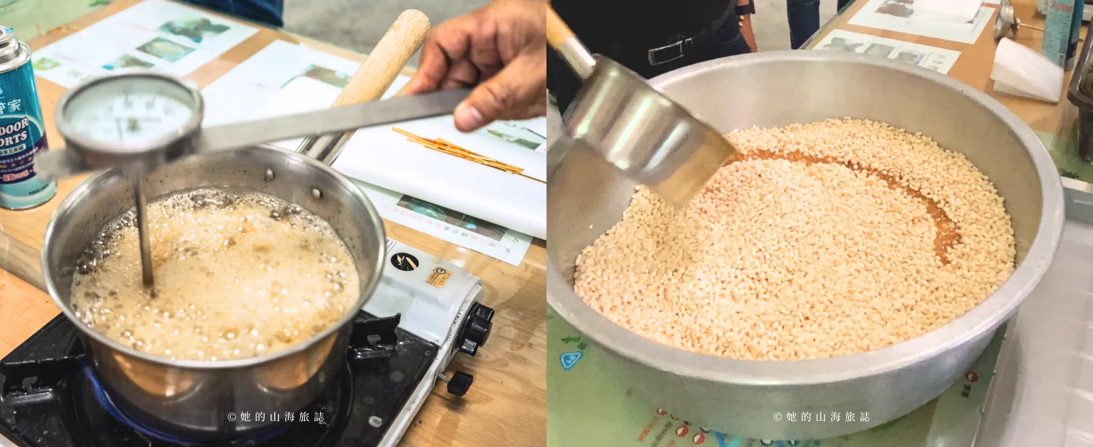 (左) 製作糖漿 (右) 將煮好的糖漿與米香拌勻